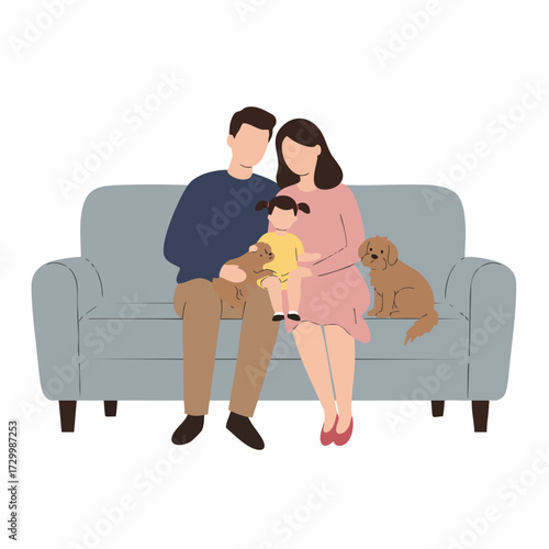 Flat Style Happy Family Sitting on Sofa with Two Dogs Illustration