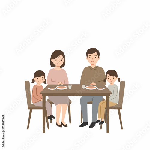 Flat Illustration Happy Family Eating Meal Together At Dining Table