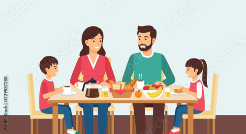 A family of four enjoys a healthy breakfast together at their dining table, sharing food and drinks.