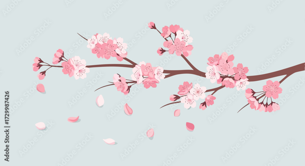 Naklejka premium Illustration of a blossoming cherry tree branch with pink flowers and falling petals against a light blue background.