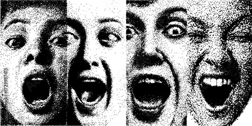 Faces with expressive screams create dramatic emotions in a black and white vector illustration. Strong contrast forms a lively visual effect.