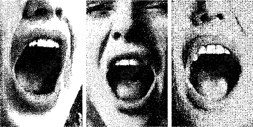 Yelling face with dramatic expression in graphic style. Black and white vector illustration showcasing emotional aspects of human expression.