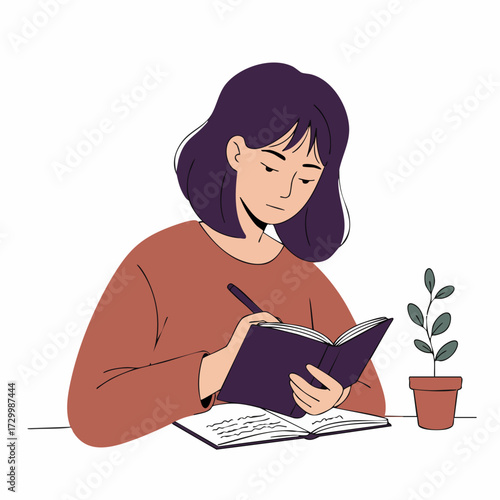 Flat Style Young Woman Writing In Journal Diary Illustration