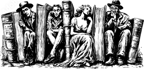 Illustration of people seated between large books. Vintage black and white vector art style depicting a thoughtful scene in a library set.