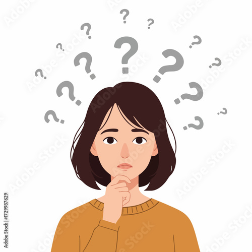Flat Illustration Young Woman Confused Thinking with Question Marks Around Head