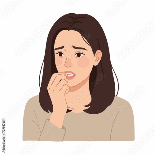 Flat Style Illustration Woman Anxious Biting Nails Stress Depression Character