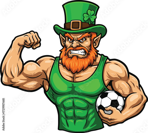 Strong muscular leprechaun flexing arm with soccer ball, cartoon mascot character, Irish sports illustration, St Patrick’s Day, fitness and football vector