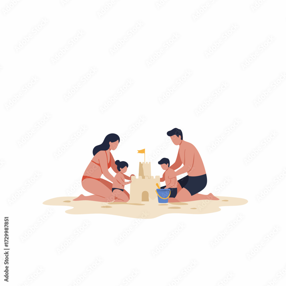 Fototapeta premium Minimalist Flat Illustration Happy Family Building Sandcastle on Beach Scene