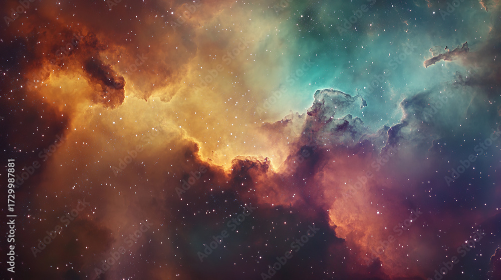 Naklejka premium Vast clouds of interstellar dust, now illuminated from within by the newborn stars, swirl in a graceful, slow-motion ballet. Colors blend in a watercolor-like haze—magenta, teal, and amber—creating a
