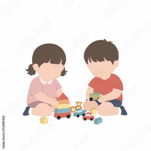 Flat Illustration of Two Young Children Playing with Toy Bricks and Cars
