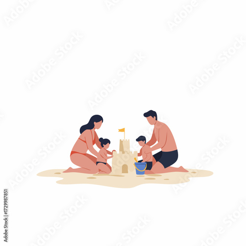 Minimalist Flat Illustration Happy Family Building Sandcastle on Beach Scene