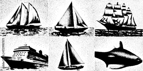 Sailing boats and vessels on the ocean. Monochrome vector illustration set depicting various types of ships and water activities.