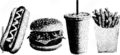 Fast food set: hotdog, burger, fries, and drink in a black and white vector illustration. Simple design depicting popular takeaway meal options.