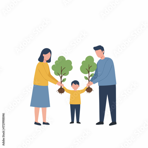 Flat Style Happy Family Planting Tree Together Illustration with Nature Concept