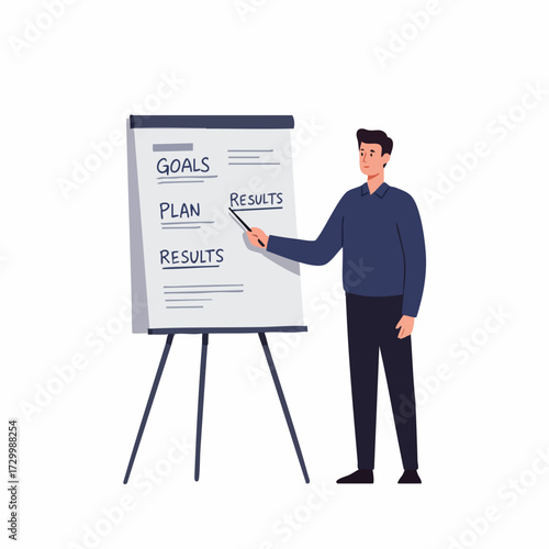 Flat Design Businessman Presenting Business Goals Plan Results on Easel Board