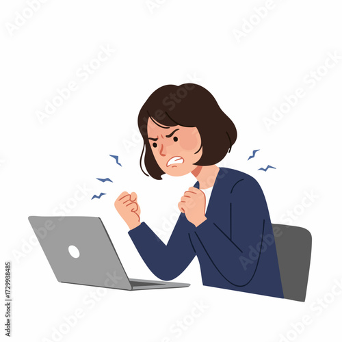 Flat Illustration Angry Business Woman Frustrated With Her Laptop Computer