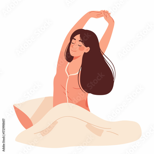Flat Illustration Young Woman Stretching Waking Up in Bed Bedroom