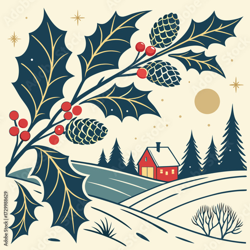 A serene winter christmas illustration featuring a bullfinch perched on a branch with holiday lights over a pine forest