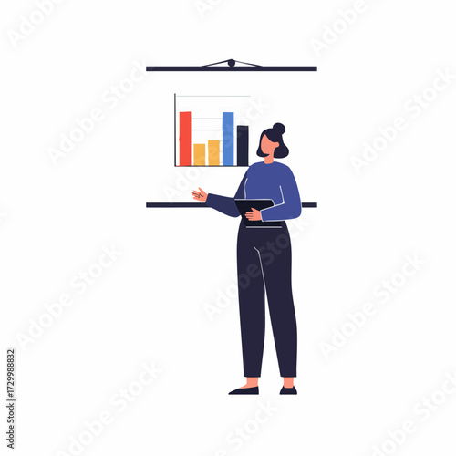 Minimalist Flat Style Businesswoman Presentation on Flipchart with Bar Chart Illustration