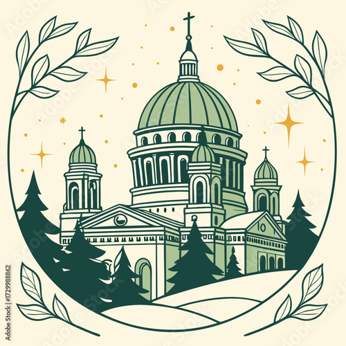 Saint Isaac's Cathedral in St. Petersburg with festive winter scenery and botanical frame