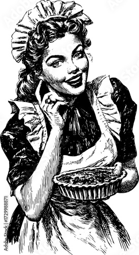 Vintage woman in a kitchen holding a pie. Smiling with a chef hat, this black and white vector illustration showcases traditional baking elements.