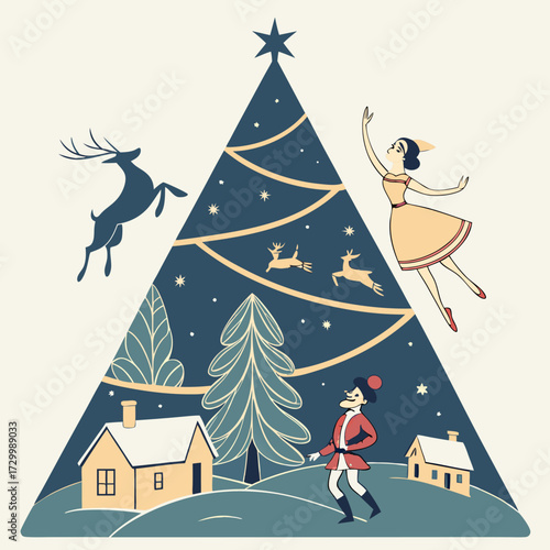 Whimsical Christmas Celebration Festive Tree, Dancing Figures, and Winter Scene in a Circular Frame