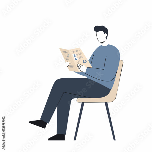 Flat Style Detailed Man Reading Newspaper Sitting on Chair Illustration