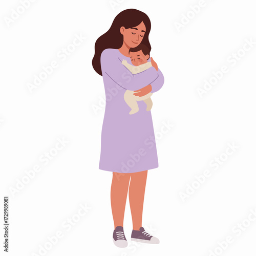 Flat Illustration Mother Tenderly Holding Her Newborn Baby in Arms