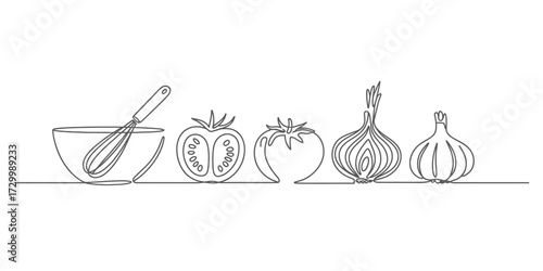 Continuous line drawing vector illustration of culinary ingredients and tools vector