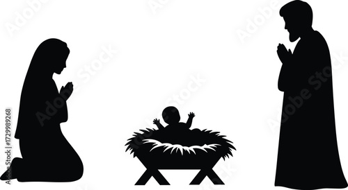 Silhouette nativity scene illustration with Mary, Joseph, and baby Jesus in manger, holy family Christmas vector design, Christian religious artwork