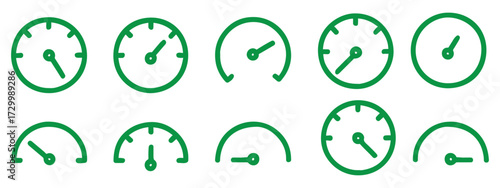 Speedometers icons set. Speed indicator sign. Performance concept. Fast speed sign. Vector illustration