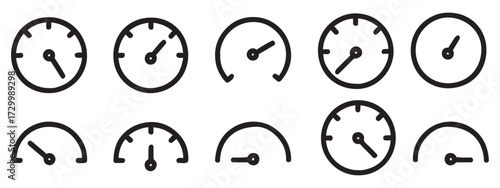Speedometers icons set. Speed indicator sign. Performance concept. Fast speed sign. Vector illustration