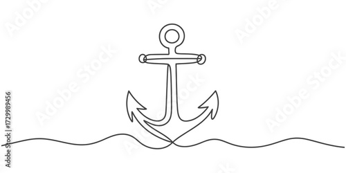 Elegant continuous line drawing vector illustration of a nautical anchor and waves vector