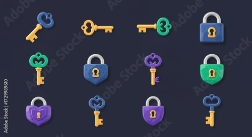 Collection of Cartoon Keys and Locks for Security and Access.