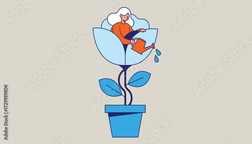 Vector art of a woman watering a flower that is growing out of a pot, symbolizing growth and selfcare 