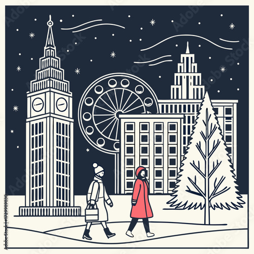 Enchanting Christmas night cityscape illustration, featuring people strolling through a snowy urban scene with an iconic clock tower, grand Ferris wheel, and festive Christmas tree