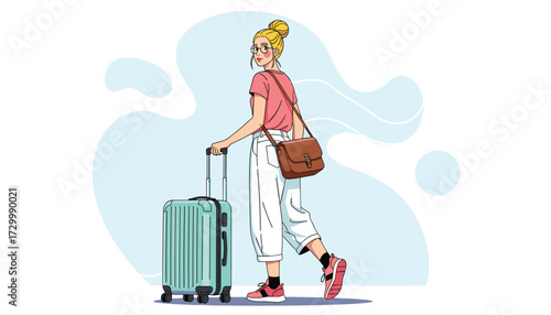 Vector art of young woman with blonde hair in a bun, wearing a pink tshirt and white pants, pulling a turquoise suitcase with a brown crossbody bag 