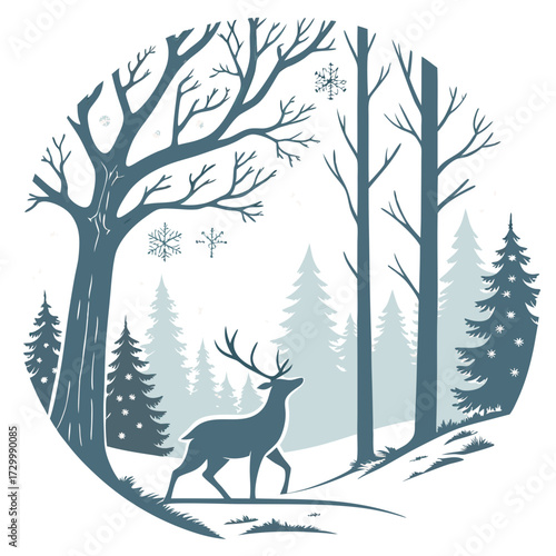 Majestic deer gracefully navigates a tranquil, snow-covered winter forest, surrounded by tall trees and falling snowflakes, creating a serene and picturesque natural scene in a circular frame