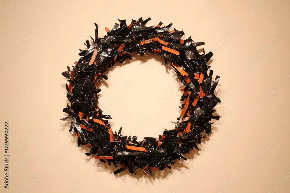 Fototapeta premium A circular wreath, composed of fragmented black and burnt orange strips, displays a dynamic and abstract design against a plain backdrop.