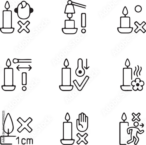 Being safe around candle linear manual label icons set. Remove packaging. Customizable thin line contour symbols. Isolated vector outline illustrations for product use instructions. Editable stroke

