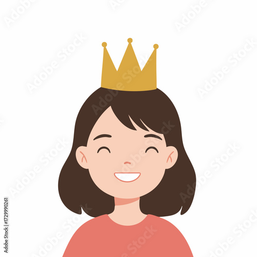 Flat Illustration Happy Girl Wearing Golden Crown Head Decoration