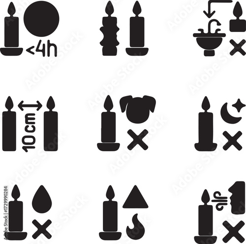 Candle safety regulations black glyph manual label icons set on white space. Use candleholder. Leftover wax disposal. Silhouette symbols. Vector isolated illustration for product use instructions
