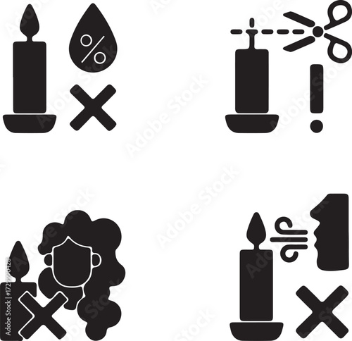 Candle safety warning black glyph manual label icons set on white space. Avoid exposure to moisture. Trim candle wick. Silhouette symbols. Vector isolated illustration for product use instructions


