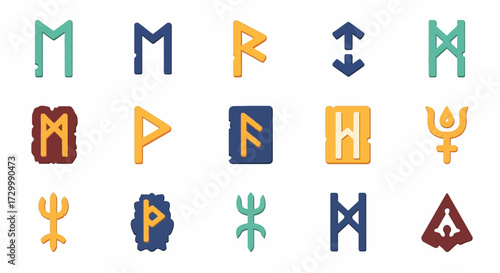 Collection of Colorful Norse Runes and Symbols.