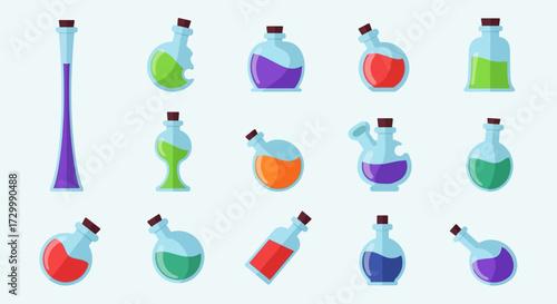 Collection of Colorful Potion Bottles and Vials.