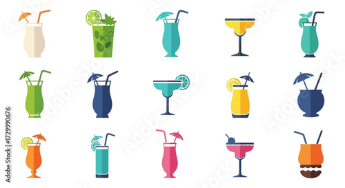Collection of Colorful Tropical Cocktails and Refreshing Drinks.