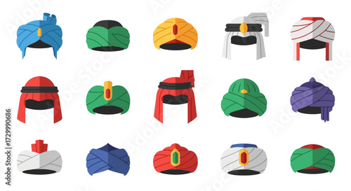 Collection of colorful turbans representing various cultures and styles in a vibrant display.