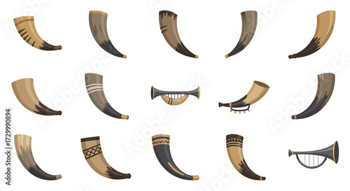 Collection of Decorative Horns and Musical Instruments.