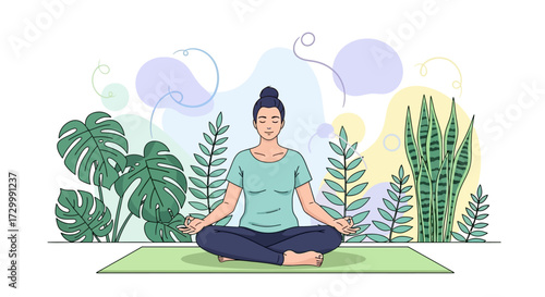 A woman sits in meditation pose surrounded by lush green plants, eyes closed.