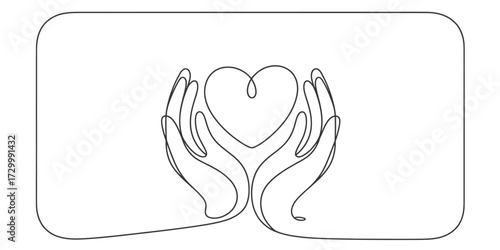 Continuous line art illustration of hands cradling a heart symbol vector